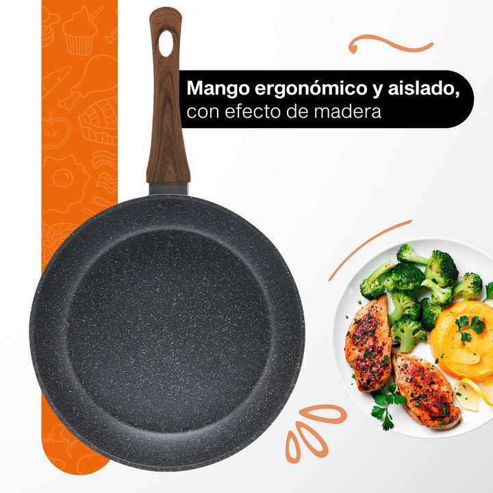 Hukën Masterchef |Sartén Premium Granite+ 28CM | Aluminio Forjado | Mango Ergonómico y Aislado | Versátil