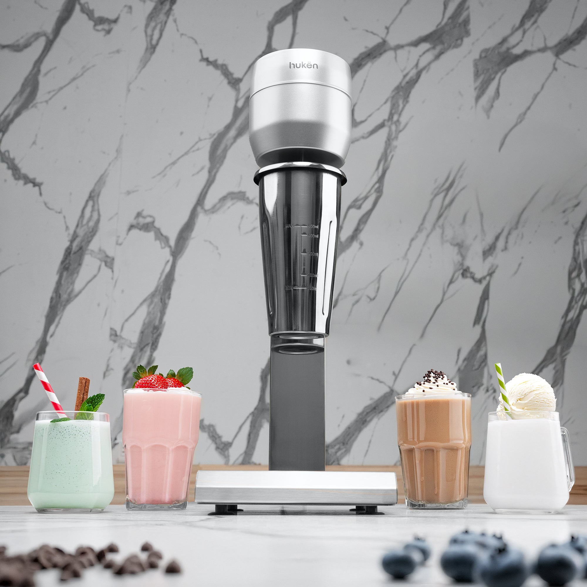 Fuente de Sodas SHAKEPRO 300W | Chocomilera y Batidora de Malteadas | Vaso Acero Inoxidable 450ml | Velocidad Continua | Activación Automática | Base Antideslizante | Hukën x MasterChef