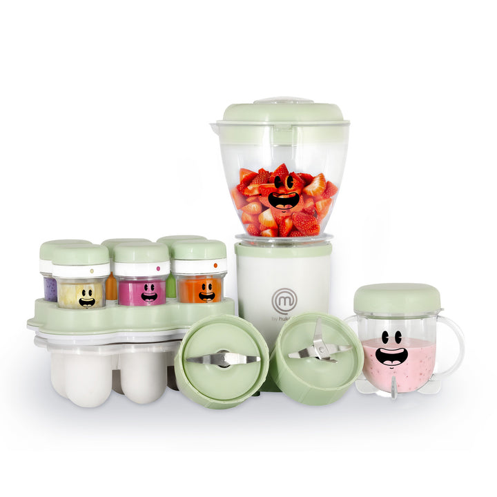 Set de Licuadora y Procesador Nutri Baby | Tazón 450ml + Vaso 170ml | 6 Contenedores con Fecha | Aspas para Papillas y Cereales | Bandeja para Congelar | Libre de BPA | Hukën x MasterChef