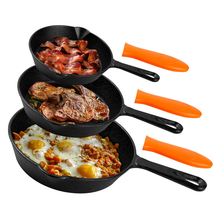 Hukën Masterchef | Juego de 3 Sartenes de Hierro Fundido | Previamente Curado | Mango Largo | Cast-Iron Skillet | Set de 3 piezas (6", 8" y 10") | Incluye 3 Agarraderas de Silicona