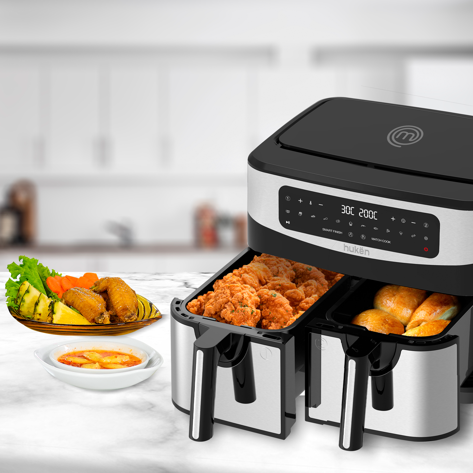 Dual Cook+ Multifunctional Air Fryer | 2-in-1 | Air Fryer | 9 Liters | Dual-Fry | Touch | Stainless Steel | MasterChef® by Hukën®
