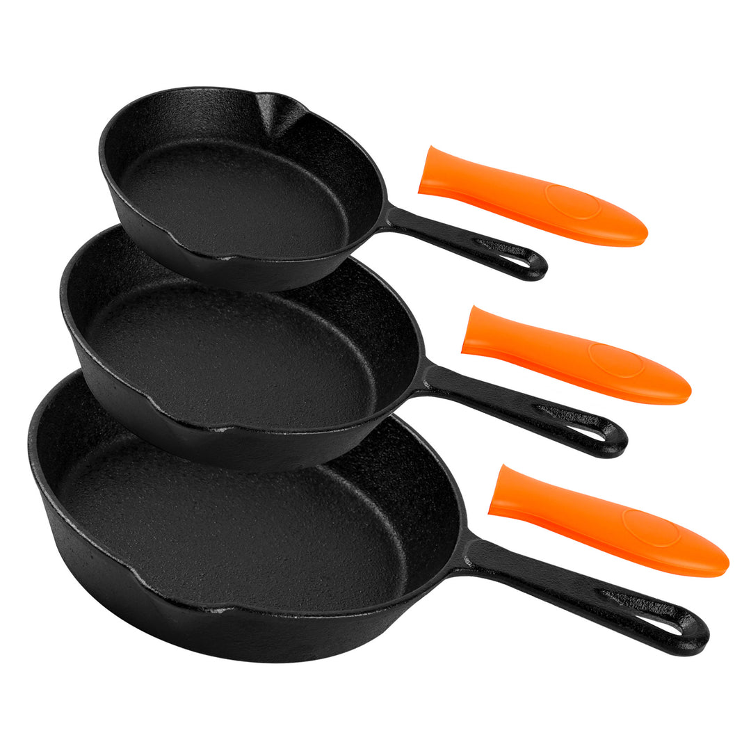 Hukën Masterchef | Juego de 3 Sartenes de Hierro Fundido | Previamente Curado | Mango Largo | Cast-Iron Skillet | Set de 3 piezas (6", 8" y 10") | Incluye 3 Agarraderas de Silicona