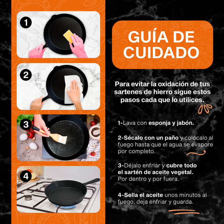 Hukën Masterchef | Juego de 3 Sartenes de Hierro Fundido | Previamente Curado | Mango Largo | Cast-Iron Skillet | Set de 3 piezas (6", 8" y 10") | Incluye 3 Agarraderas de Silicona