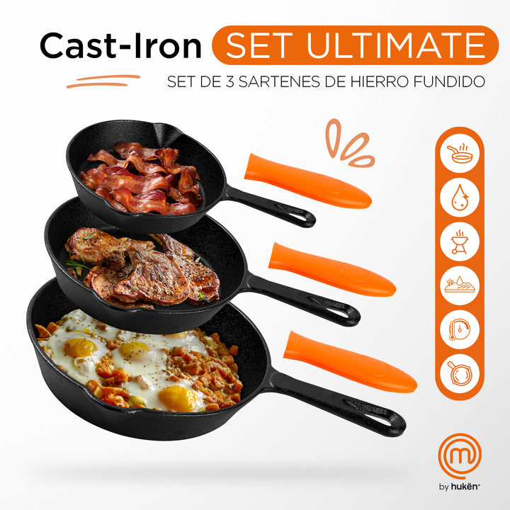 Hukën Masterchef | Juego de 3 Sartenes de Hierro Fundido | Previamente Curado | Mango Largo | Cast-Iron Skillet | Set de 3 piezas (6", 8" y 10") | Incluye 3 Agarraderas de Silicona