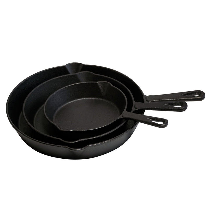 Hukën Masterchef | Juego de 3 Sartenes de Hierro Fundido | Previamente Curado | Mango Largo | Cast-Iron Skillet | Set de 3 piezas (6", 8" y 10") | Incluye 3 Agarraderas de Silicona