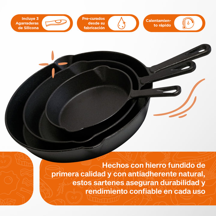 Hukën Masterchef | Juego de 3 Sartenes de Hierro Fundido | Previamente Curado | Mango Largo | Cast-Iron Skillet | Set de 3 piezas (6", 8" y 10") | Incluye 3 Agarraderas de Silicona