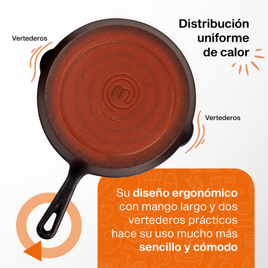 Hukën Masterchef | Juego de 3 Sartenes de Hierro Fundido | Previamente Curado | Mango Largo | Cast-Iron Skillet | Set de 3 piezas (6", 8" y 10") | Incluye 3 Agarraderas de Silicona