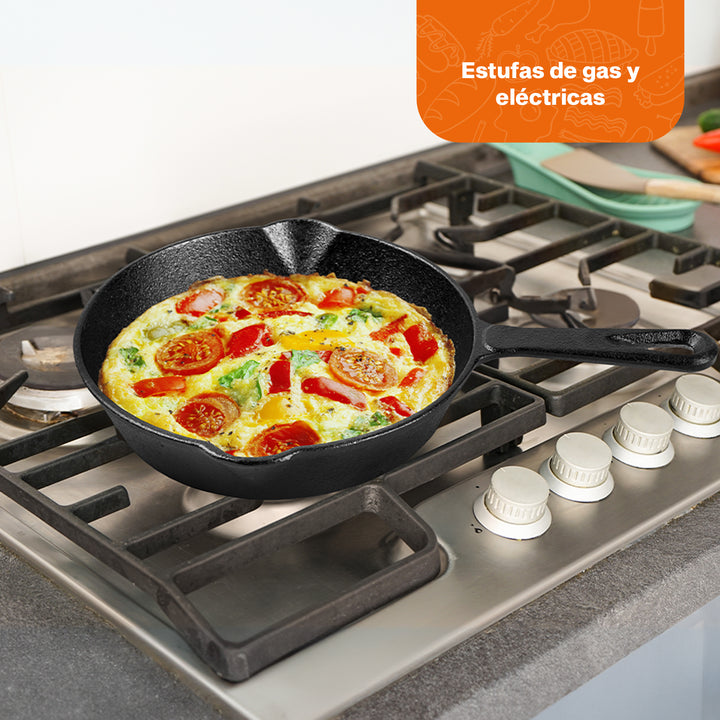 Hukën Masterchef | Juego de 3 Sartenes de Hierro Fundido | Previamente Curado | Mango Largo | Cast-Iron Skillet | Set de 3 piezas (6", 8" y 10") | Incluye 3 Agarraderas de Silicona