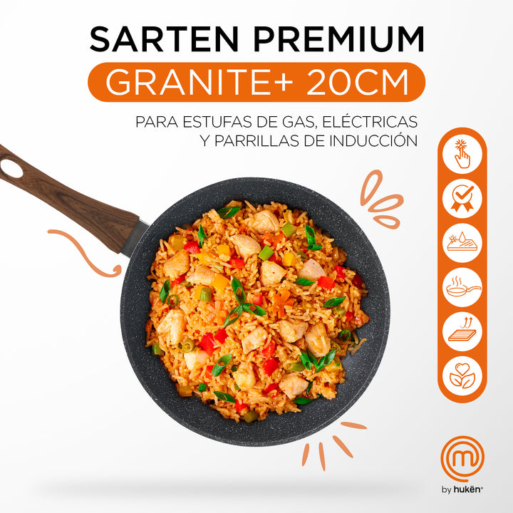 Hukën Masterchef |Sarten Premium Granite+ 20CM | Aluminio Forjado | Mango Ergonómico | Versátil