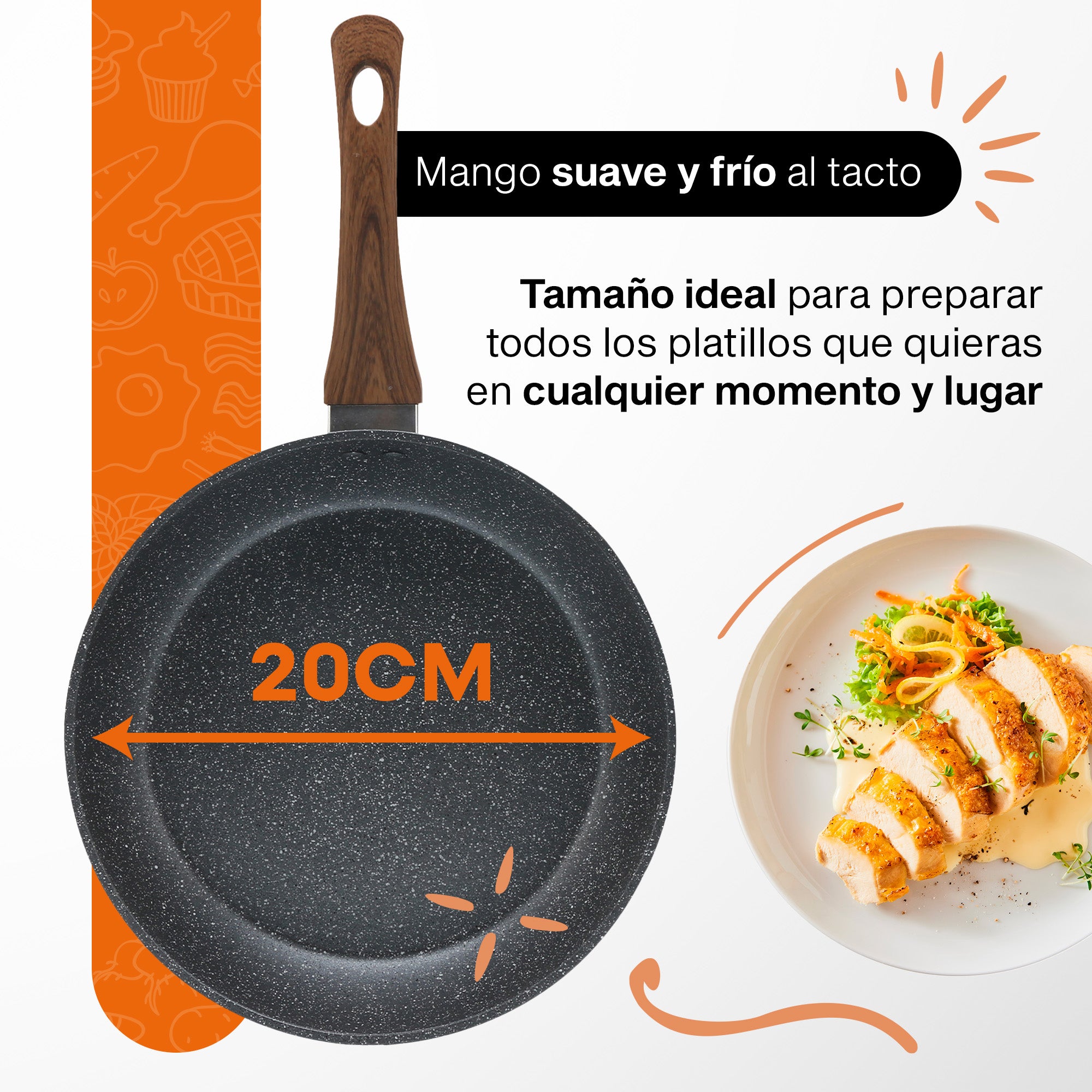 Sartén Granite+ Antiadherente 20cm | Mango Efecto Madera | Compatible con Inducción | Aluminio Forjado | 100% Libre de PFOA | Hukën x MasterChef