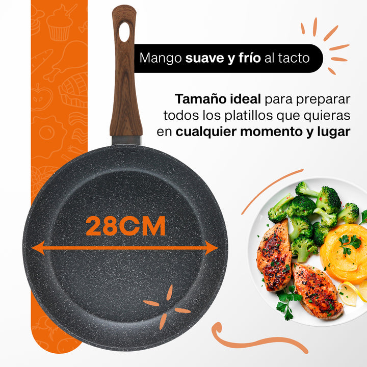 Hukën Masterchef |Sartén Premium Granite+ 28CM | Aluminio Forjado | Mango Ergonómico y Aislado | Versátil