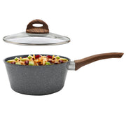 Olla Granite+ Antiadherente 1.2L | Tapa de Vidrio | Mango Efecto Madera | Compatible con Inducción | Aluminio Forjado | Libre de PFOA | Hukën x MasterChef