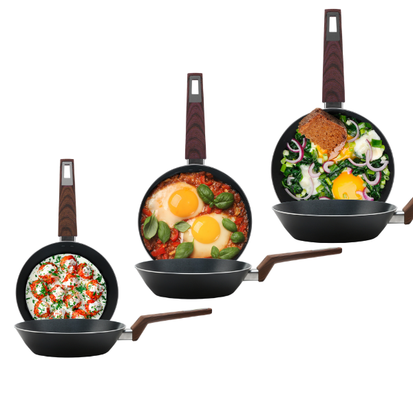 Set de Sartenes Wood Pro (20cm, 24cm, 28cm) | Antiadherente | Mango Suave y Frío al Tacto | Calentamiento Rápido | Aluminio Forjado | Libre de PFOA | Hukën x MasterChef
