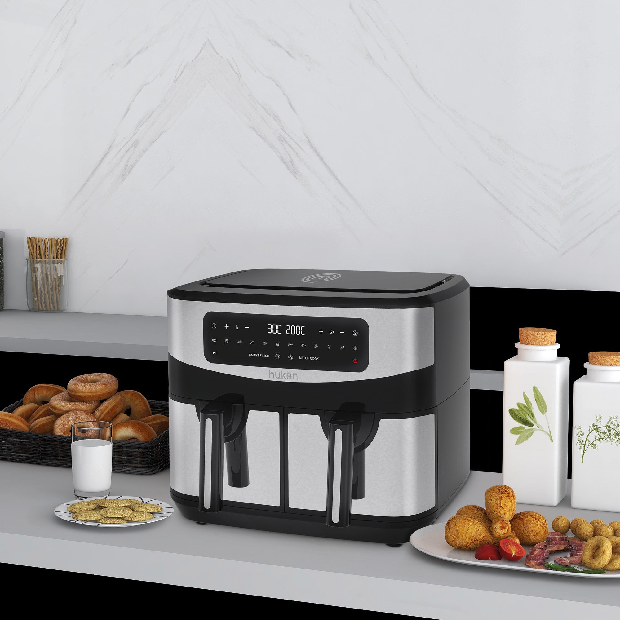 Dual Cook+ Multifunctional Air Fryer | 2-in-1 | Air Fryer | 9 Liters | Dual-Fry | Touch | Stainless Steel | MasterChef® by Hukën®
