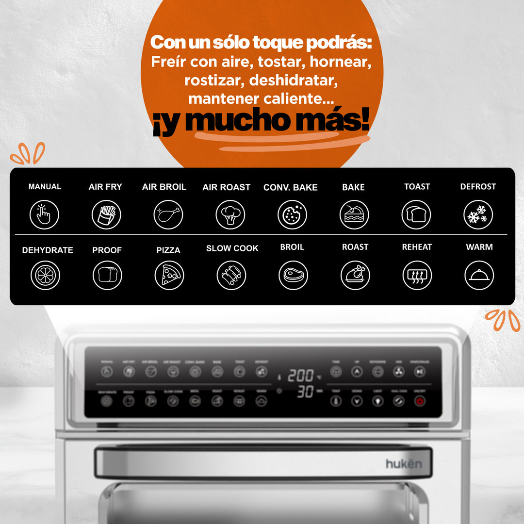 MasterChef by Hukën | Horno Freidora de Aire Digital | 20 Litros | Panel Touch | Acero Inoxidable