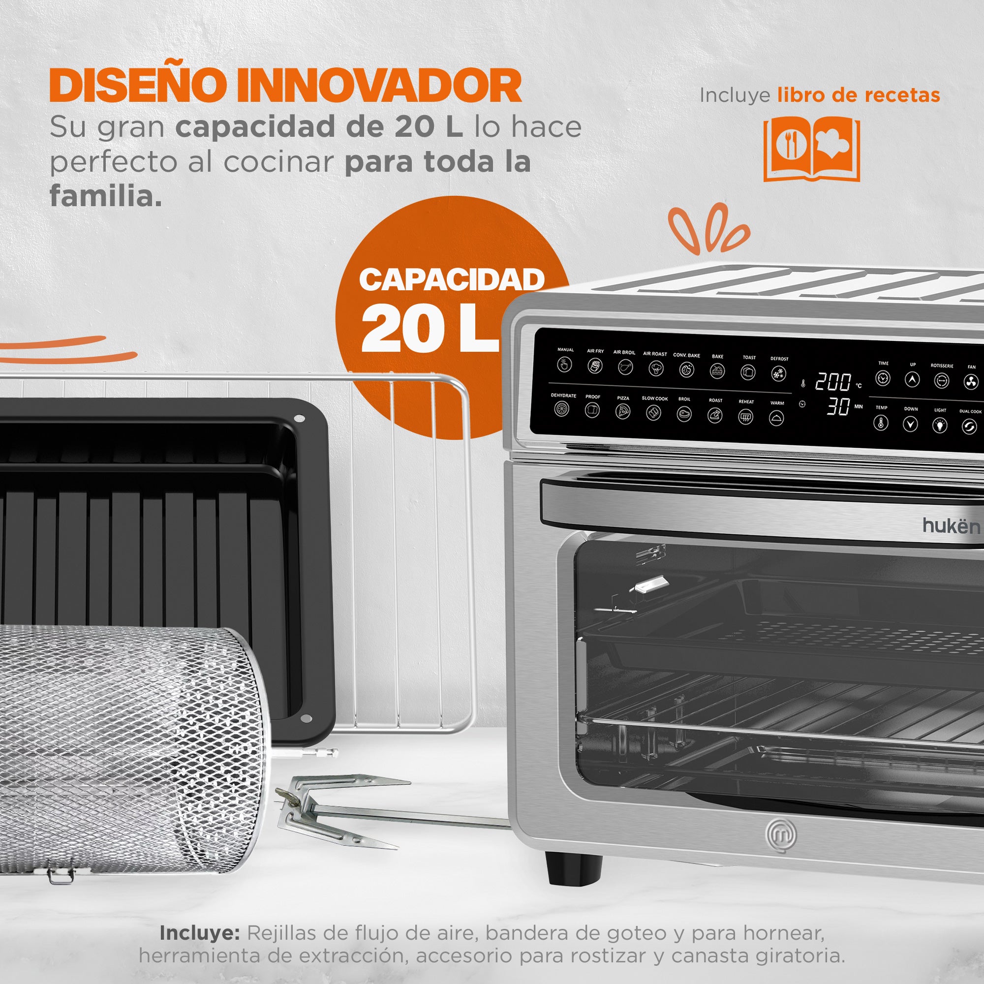 Horno Freidora de Aire Digital | 20 Litros | Panel Touch | Acero Inoxidable