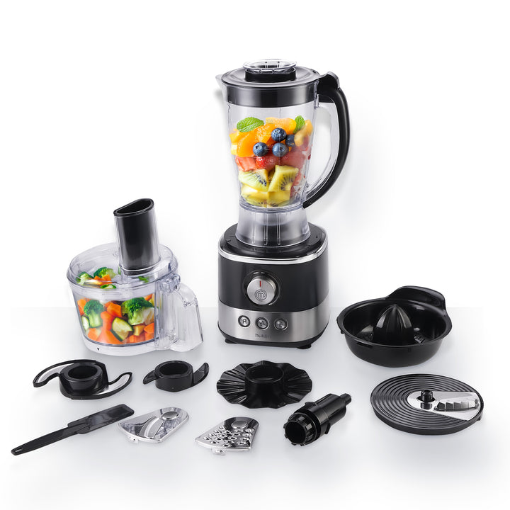Sistema de Cocina ChefDeluxe 650W | Panel Digital con 3 Programas | Perilla LED | Jarra Licuadora 1.75L y Tazón Procesador 1.2L | Licúa, Rebana, Tritura y Más | 10+ Accesorios Libres de BPA | Hukën x MasterChef