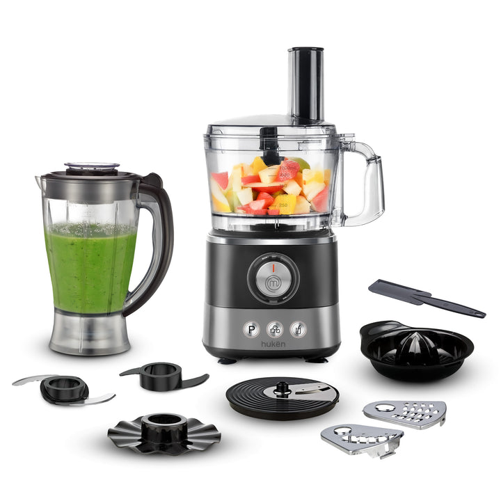 Sistema de Cocina ChefDeluxe 650W | Panel Digital con 3 Programas | Perilla LED | Jarra Licuadora 1.75L y Tazón Procesador 1.2L | Licúa, Rebana, Tritura y Más | 10+ Accesorios Libres de BPA | Hukën x MasterChef