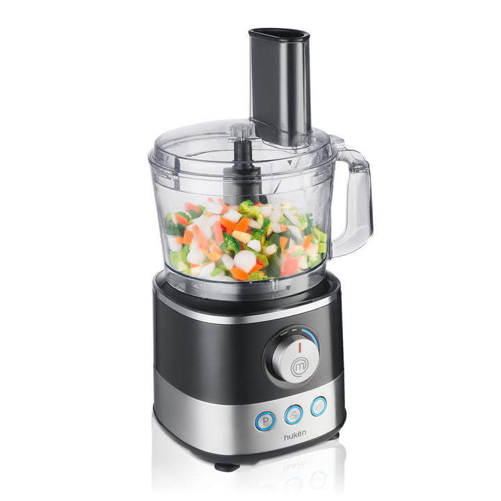 Sistema de Cocina ChefDeluxe 650W | Panel Digital con 3 Programas | Perilla LED | Jarra Licuadora 1.75L y Tazón Procesador 1.2L | Licúa, Rebana, Tritura y Más | 10+ Accesorios Libres de BPA | Hukën x MasterChef