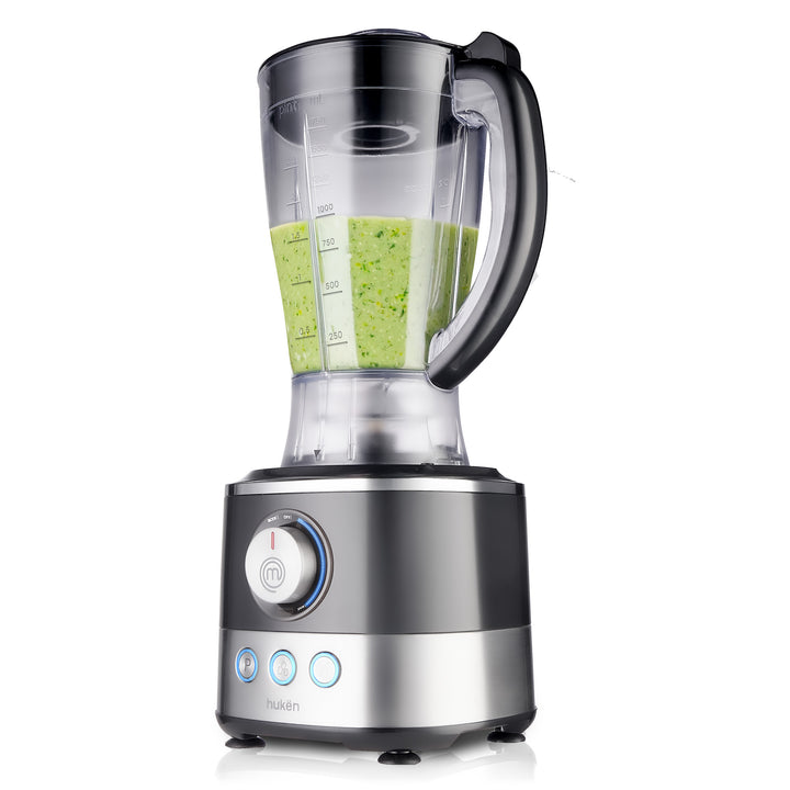 Sistema de Cocina ChefDeluxe 650W | Panel Digital con 3 Programas | Perilla LED | Jarra Licuadora 1.75L y Tazón Procesador 1.2L | Licúa, Rebana, Tritura y Más | 10+ Accesorios Libres de BPA | Hukën x MasterChef