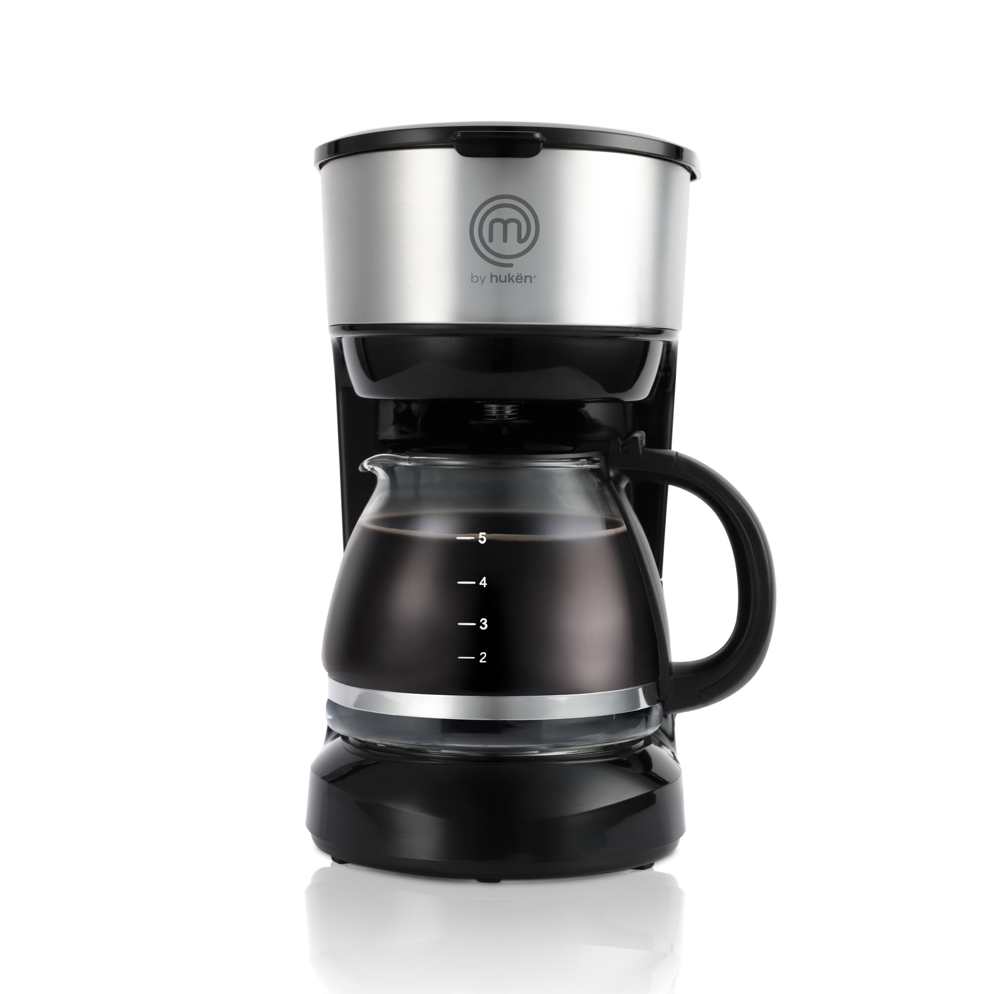 Cafetera Easy-Brew 5 Tazas | Filtro Permanente | Botón con Luz Indicadora | Jarra de Vidrio Borosilicato | Pausa para Servir | Compacta e Inoxidable | Hukën x MasterChef