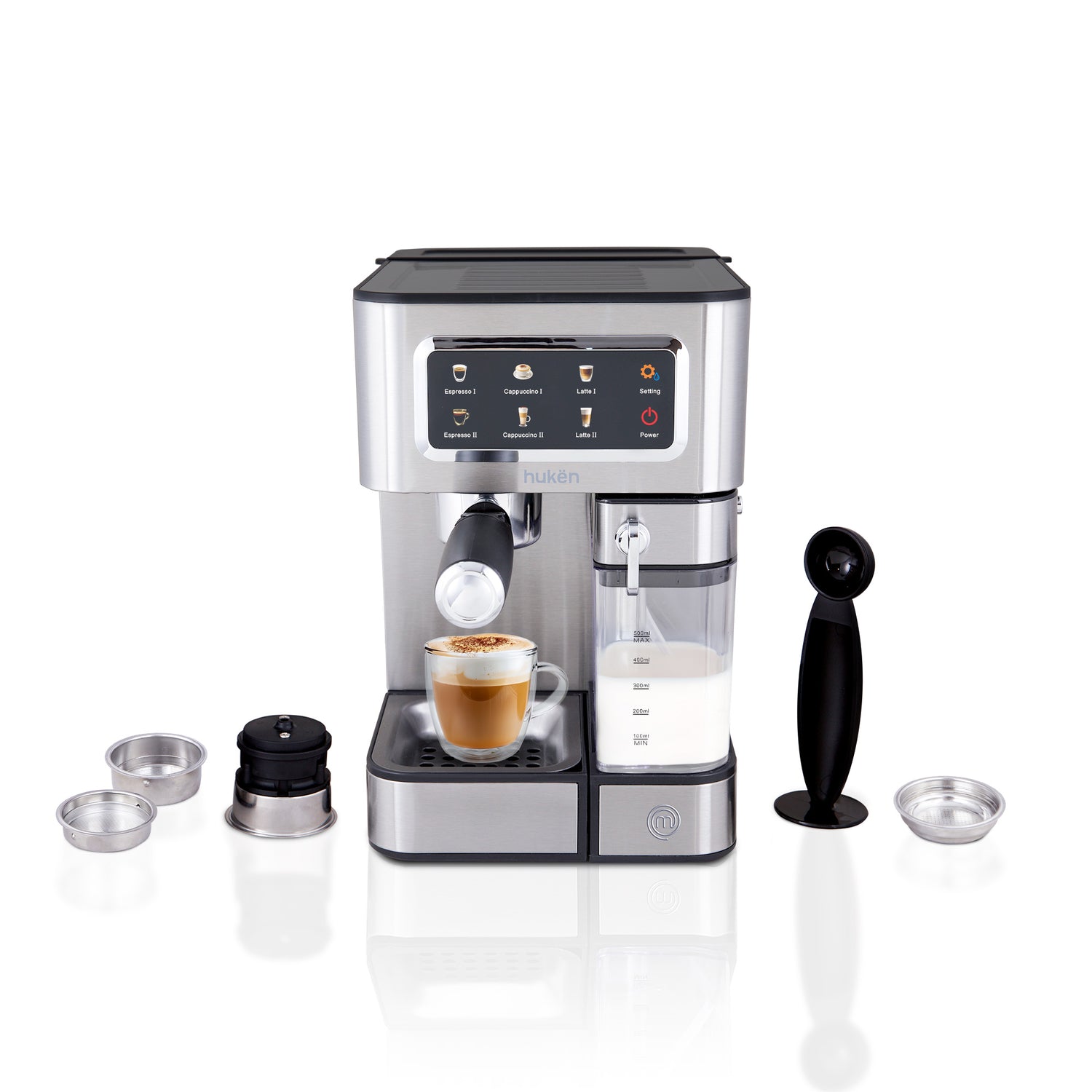 Cafetera Espresso BARISTA+ Automática | 15 Bares con Pump Italiano | Panel Touch a Color | Latte, Cappuccino, Espresso | Tanque de Leche Removible | 3 en 1: Café Molido, Pods y Cápsulas | 1.8L Acero | Hukën x MasterChef