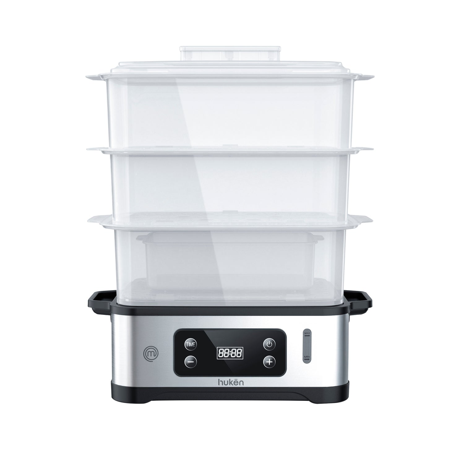 Vaporera POWER-STEAM 360 | 12L con 3 Niveles | Panel Digital con Temporizador | Cocción 360° | Recarga de Agua Lateral | Base de Acero Inoxidable | Libre de BPA | Hukën x MasterChef