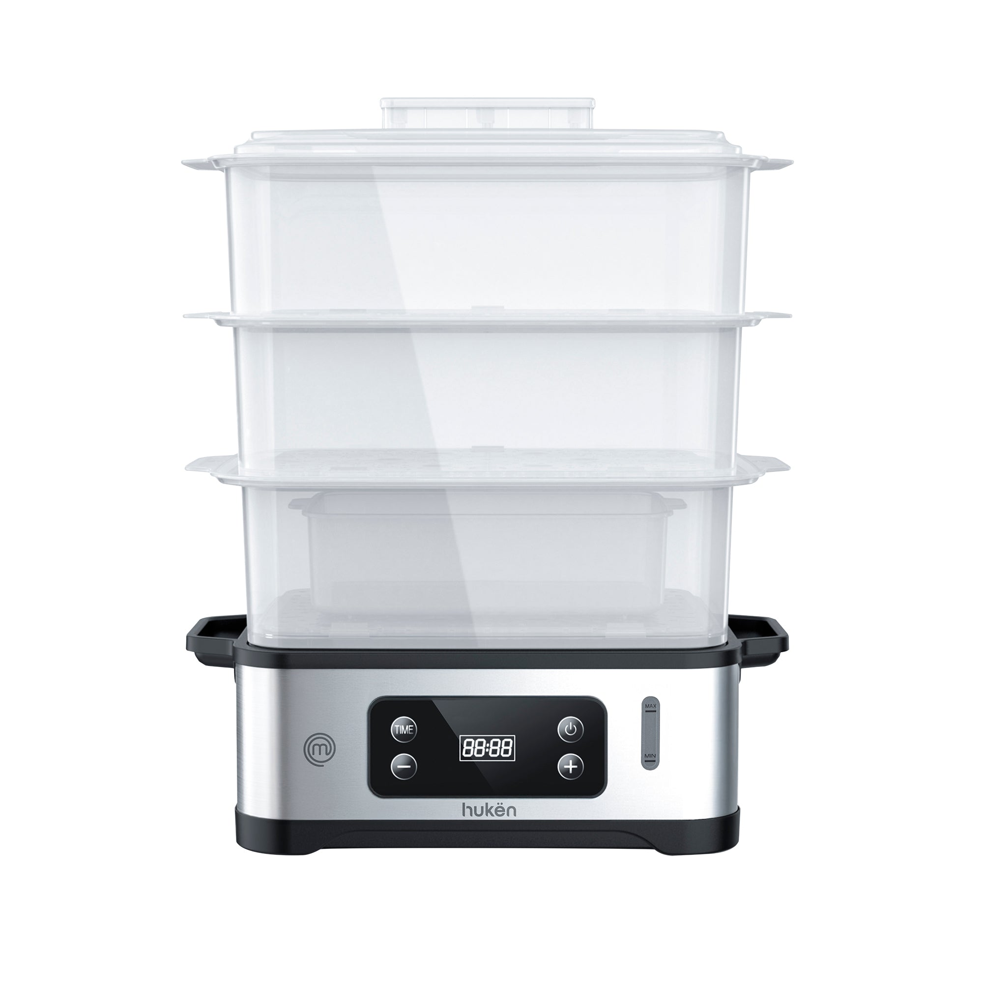 Vaporera POWER-STEAM 360 | 12L con 3 Niveles | Panel Digital con Temporizador | Cocción 360° | Recarga de Agua Lateral | Base de Acero Inoxidable | Libre de BPA | Hukën x MasterChef