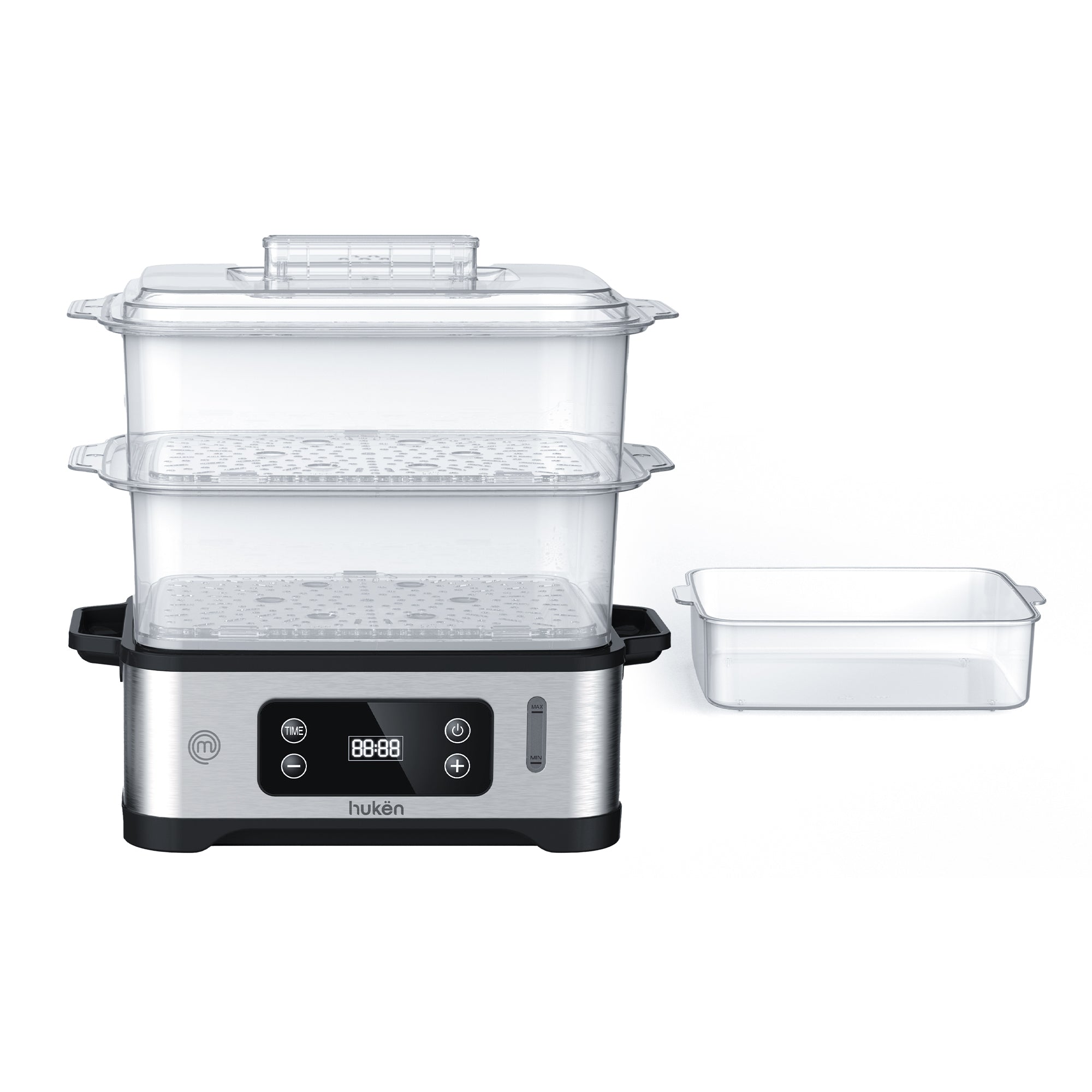 Vaporera POWER-STEAM 360 | 12L con 3 Niveles | Panel Digital con Temporizador | Cocción 360° | Recarga de Agua Lateral | Base de Acero Inoxidable | Libre de BPA | Hukën x MasterChef