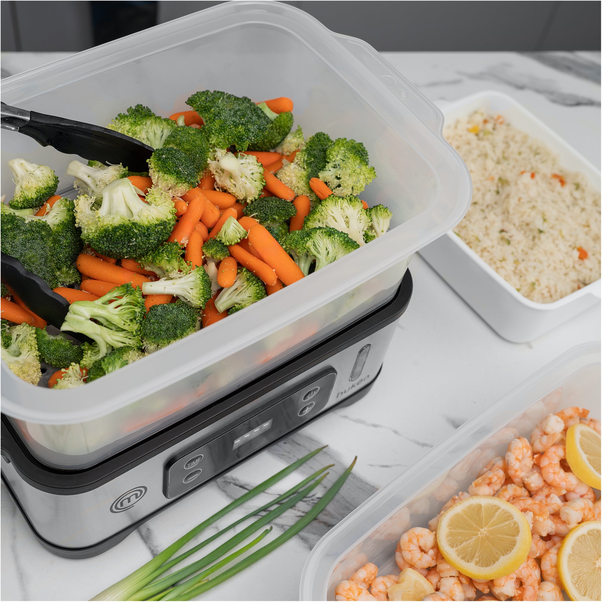 Vaporera POWER-STEAM 360 | 12L con 3 Niveles | Panel Digital con Temporizador | Cocción 360° | Recarga de Agua Lateral | Base de Acero Inoxidable | Libre de BPA | Hukën x MasterChef