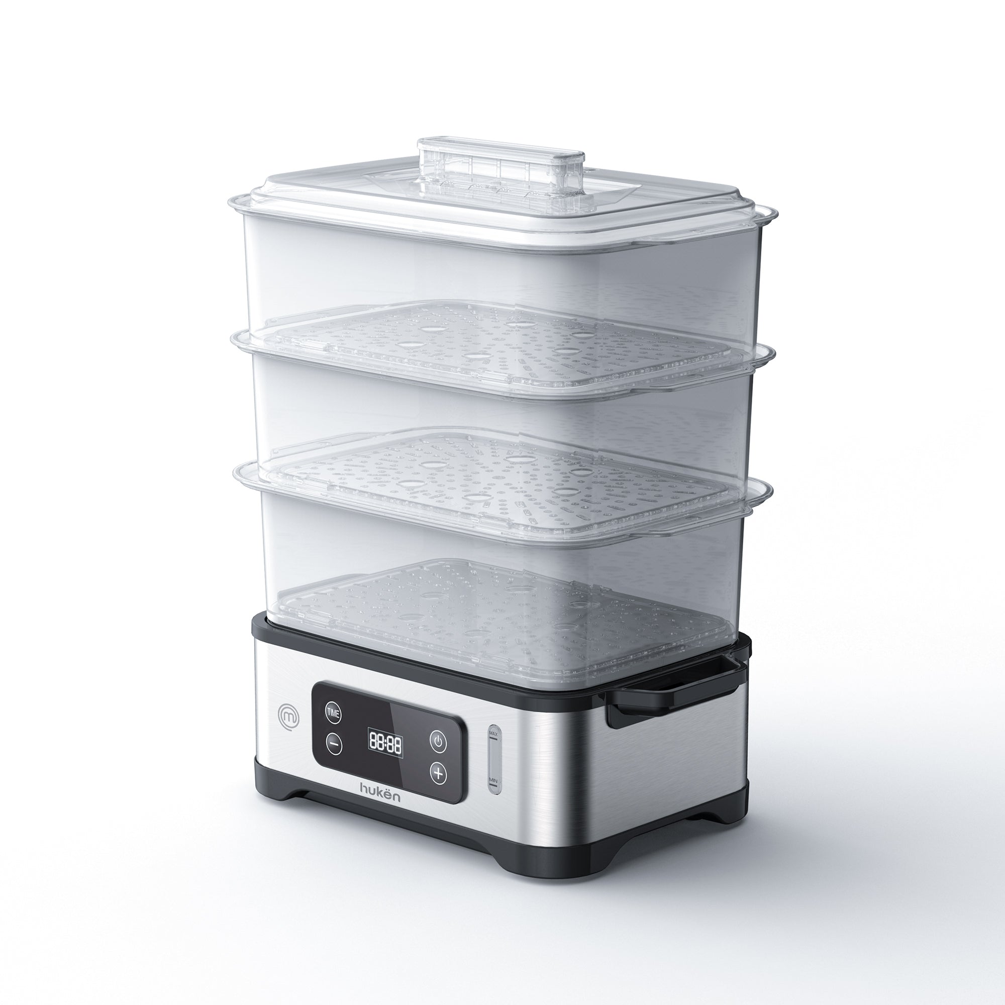 Vaporera POWER-STEAM 360 | 12L con 3 Niveles | Panel Digital con Temporizador | Cocción 360° | Recarga de Agua Lateral | Base de Acero Inoxidable | Libre de BPA | Hukën x MasterChef