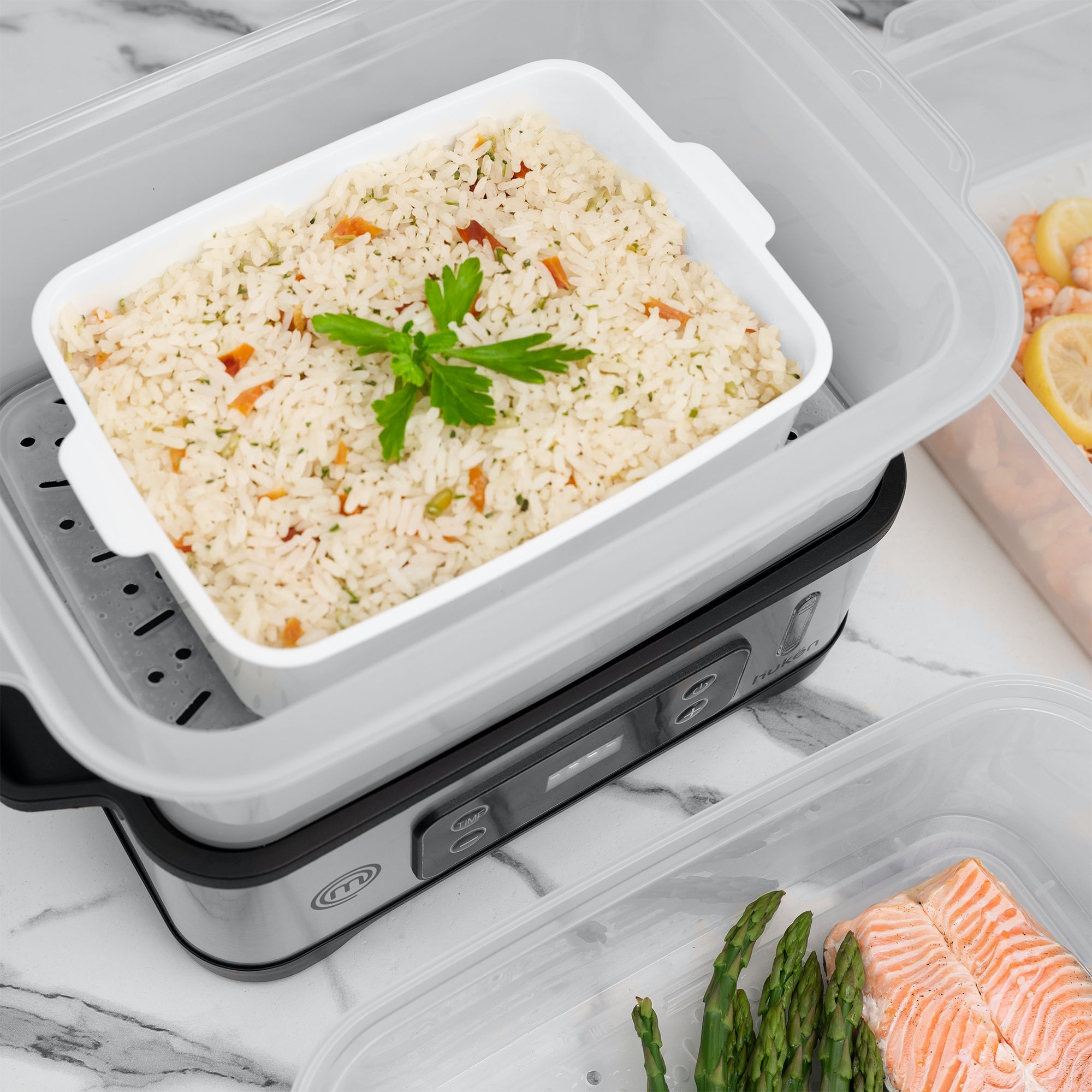 Vaporera POWER-STEAM 360 | 12L con 3 Niveles | Panel Digital con Temporizador | Cocción 360° | Recarga de Agua Lateral | Base de Acero Inoxidable | Libre de BPA | Hukën x MasterChef