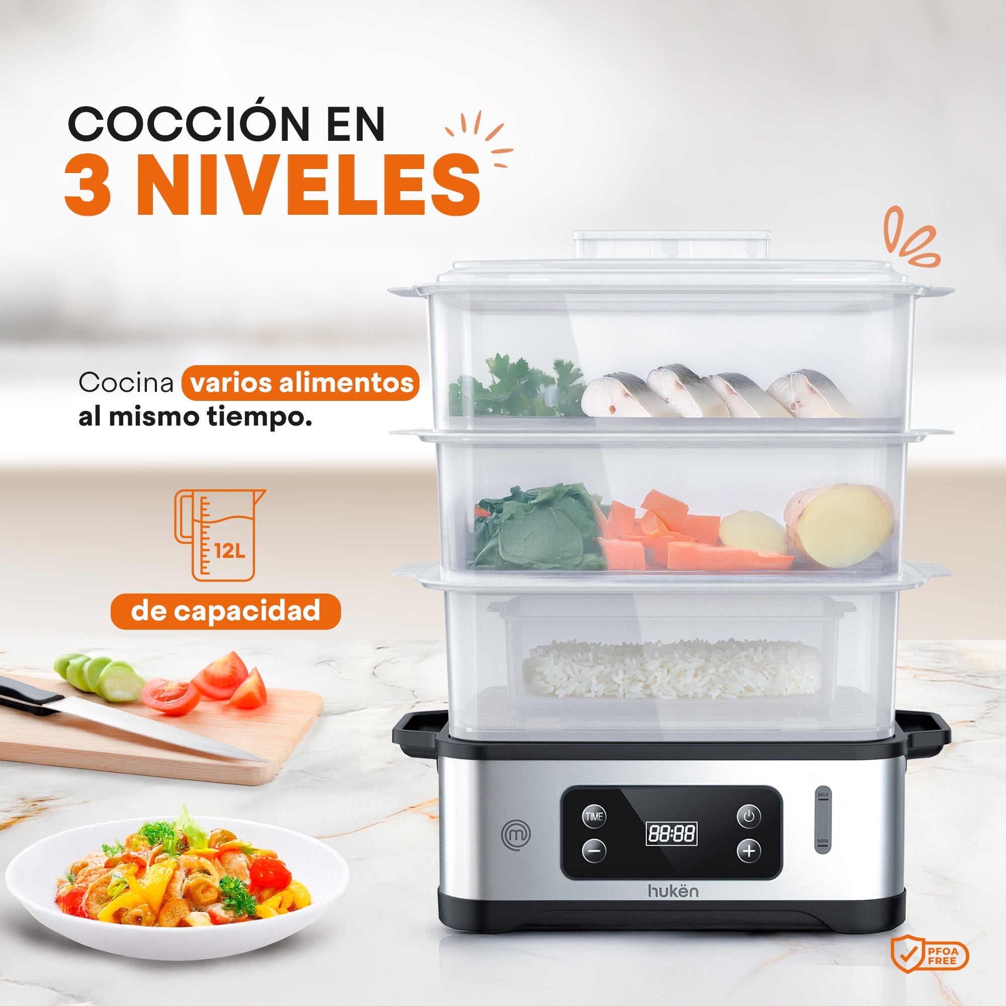 Vaporera POWER-STEAM 360 | 12L con 3 Niveles | Panel Digital con Temporizador | Cocción 360° | Recarga de Agua Lateral | Base de Acero Inoxidable | Libre de BPA | Hukën x MasterChef