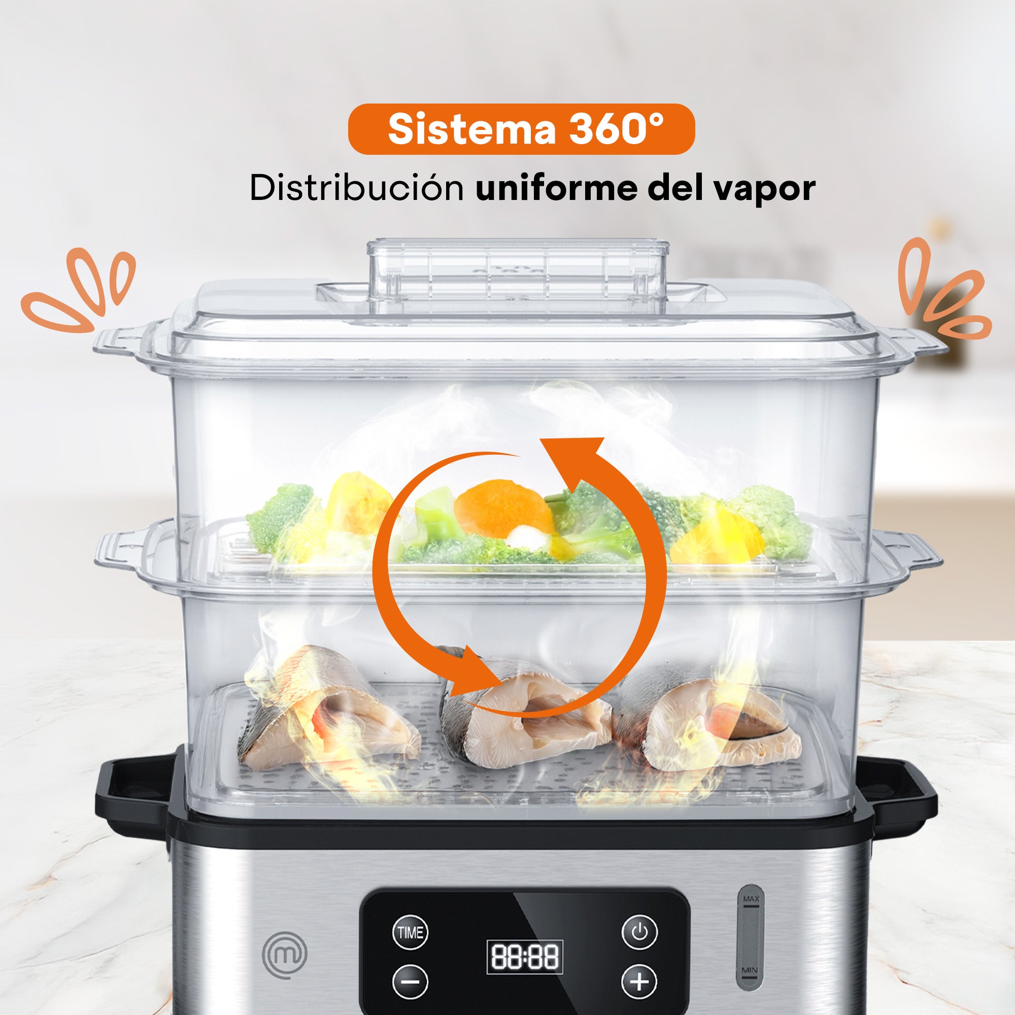 Vaporera POWER-STEAM 360 | 12L con 3 Niveles | Panel Digital con Temporizador | Cocción 360° | Recarga de Agua Lateral | Base de Acero Inoxidable | Libre de BPA | Hukën x MasterChef