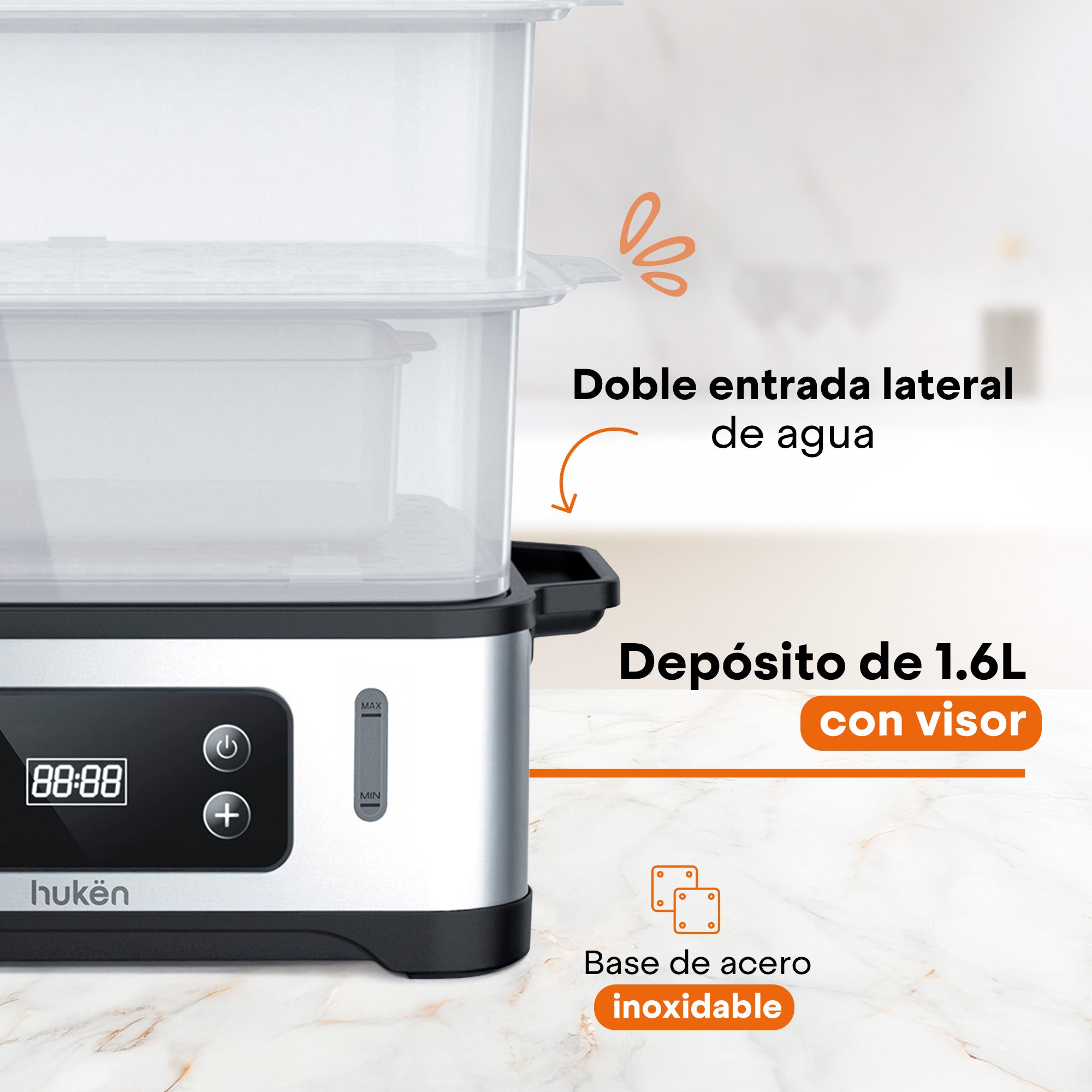 Vaporera POWER-STEAM 360 | 12L con 3 Niveles | Panel Digital con Temporizador | Cocción 360° | Recarga de Agua Lateral | Base de Acero Inoxidable | Libre de BPA | Hukën x MasterChef