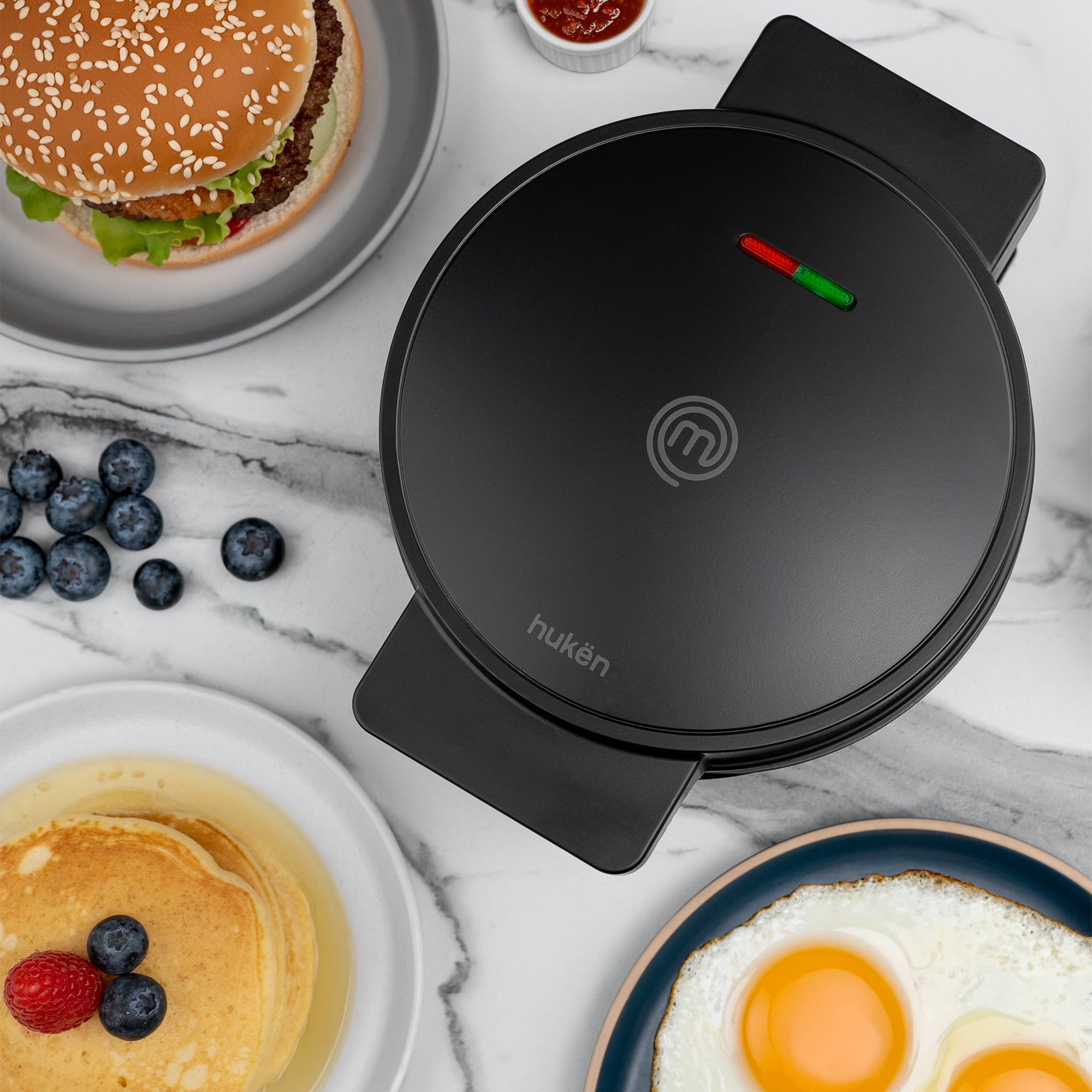 Parrilla Eléctrica Multifuncional EASY-COOK | Tecnología FLASH-COOK | Calentamiento Rápido y Uniforme | Antiadherente de Alto Nivel | Diseño Compacto | Luces Indicadoras | 17 cm de Cocción | Hukën x MasterChef
