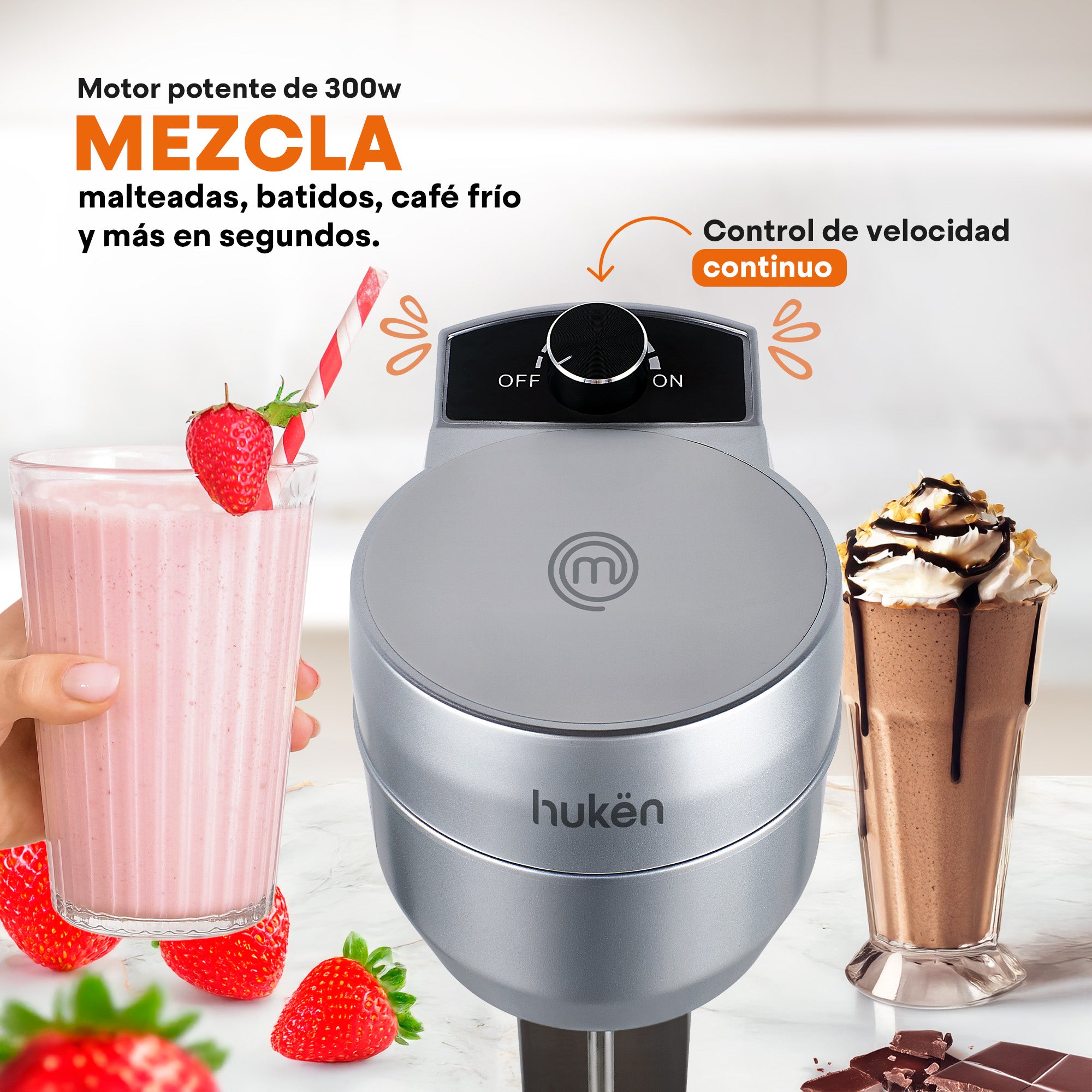 Fuente de Sodas SHAKEPRO 300W | Chocomilera y Batidora de Malteadas | Vaso Acero Inoxidable 450ml | Velocidad Continua | Activación Automática | Base Antideslizante | Hukën x MasterChef