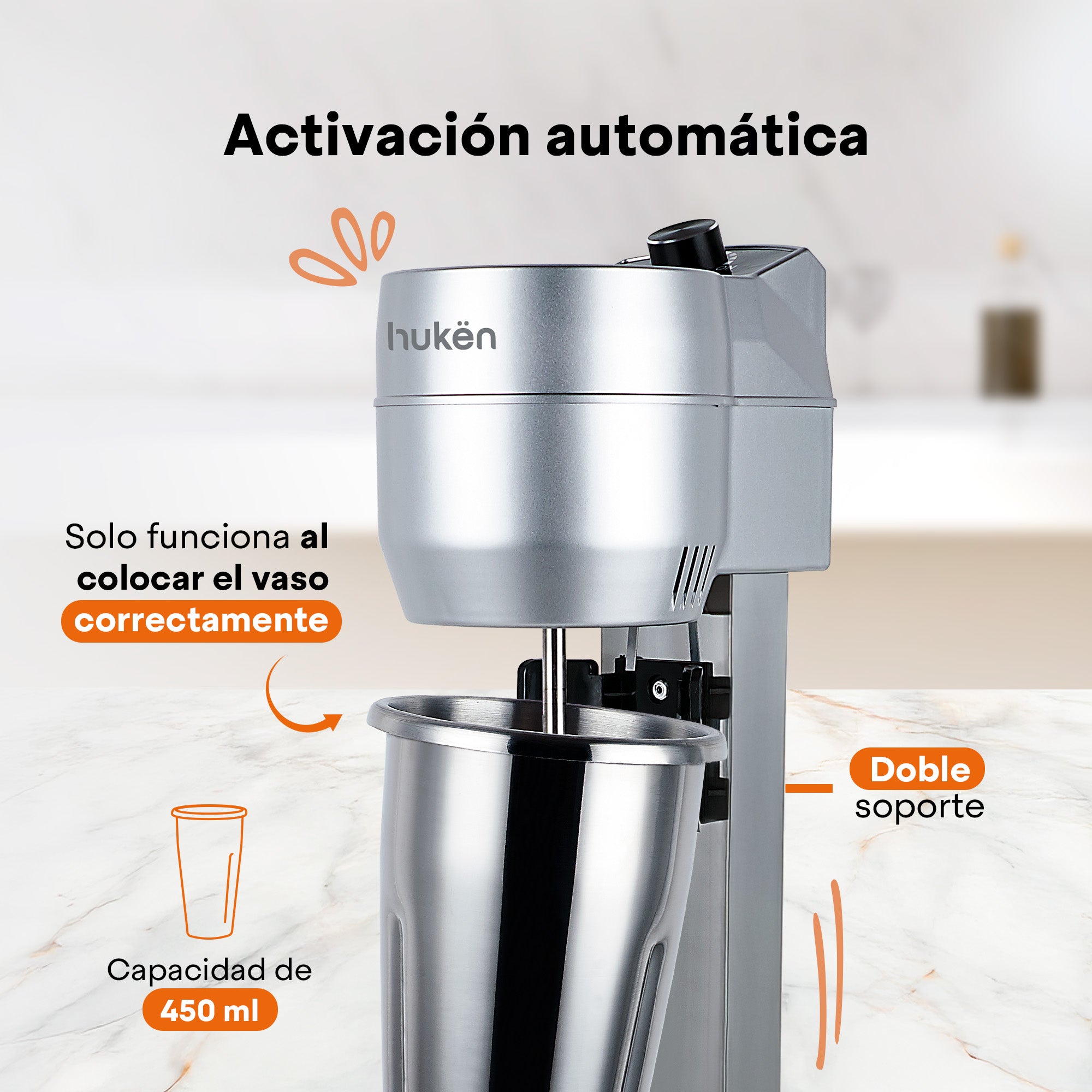 Fuente de Sodas SHAKEPRO 300W | Chocomilera y Batidora de Malteadas | Vaso Acero Inoxidable 450ml | Velocidad Continua | Activación Automática | Base Antideslizante | Hukën x MasterChef