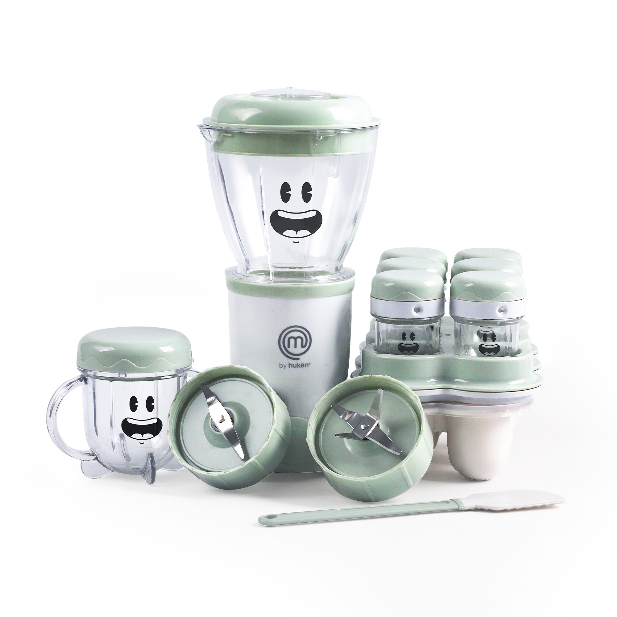 Set de Licuadora y Procesador Nutri Baby | Tazón 450ml + Vaso 170ml | 6 Contenedores con Fecha | Aspas para Papillas y Cereales | Bandeja para Congelar | Libre de BPA | Hukën x MasterChef
